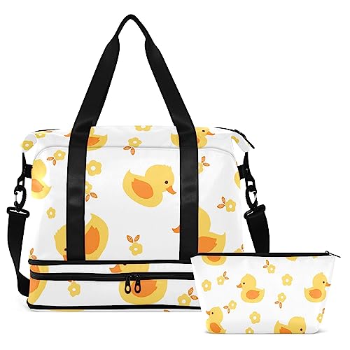 Cartoon Duck Little Flower Travel Duffel Bag for Women Men Gym Bag with Shoe Compartment Wet Pocket Carry On Weekender Overnight Bags for Yoga School Travel Gym, Mehrfarbig, Large von MCHIVER