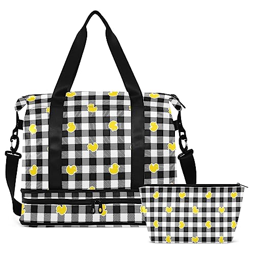 Cartoon Duck Plaid Reisetasche für Damen Herren Sporttasche mit Schuhfach Nasstasche Handgepäck Weekender Übernachtung Taschen für Reisen Wochenende Ausflug, Mehrfarbig, Large von MCHIVER