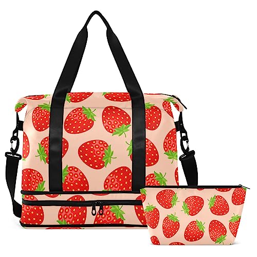 Cartoon Pink Strawberry Travel Duffel Bag for Women Men Gym Bag with Shoe Compartment Wet Pocket Carry On Weekender Overnight Bags for Travel Gym Yoga School, Mehrfarbig, Large von MCHIVER