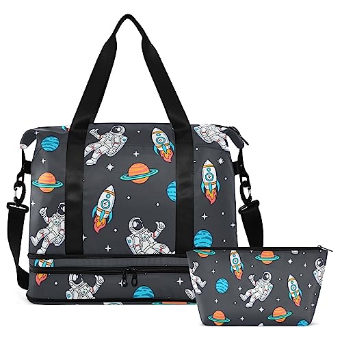 Cartoon Space Rockets Planeten Reise Duffel Bag für Damen Herren Turnbeutel mit Schuhfach Nasstasche Handgepäck Weekender Übernachtung Taschen für Flugreisen unter dem Sitz, Mehrfarbig, Large von MCHIVER