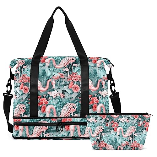 Flamingos Pink Flowers Travel Duffel Bag for Women Men Gym Bag with Shoe Compartment Wet Pocket Carry On Weekender Overnight Bags for Travel Hospital Gym, Mehrfarbig, Large von MCHIVER