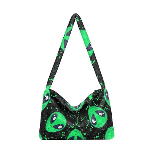 MCHIVER Grüne Cartoon Aliens Schulter Tote Taschen für Frauen Furry Crossbody Tasche Hobo Handtasche Geldbörsen für Shopping Arbeit Reisen, Grüne Cartoon Aliens, Einheitsgröße von MCHIVER