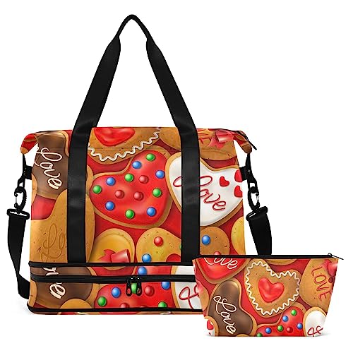 Happy Valentine's Day Cookies Travel Duffel Bag for Women Men Gym Bag with Shoe Compartment Wet Pocket Carry On Weekender Overnight Bags for Krankenhaus Gym Travel, Mehrfarbig, Large von MCHIVER