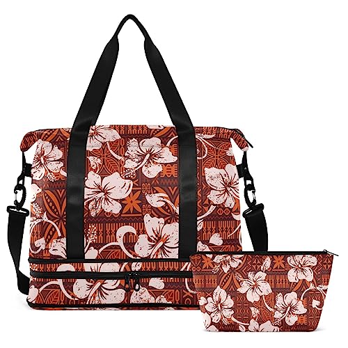 Hawaiianische Hibiskusblumen Reisetasche für Damen Herren Turnbeutel mit Schuhfach Nasstasche Handgepäck Wochenender Übernachtungstaschen für Flugreisen unter dem Sitz, Mehrfarbig, Large von MCHIVER