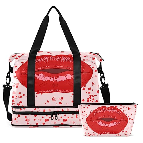 Kiss Lip Valentinstag Reise Duffel Bag für Damen Herren Turnbeutel mit Schuhfach Nassfach Handgepäck Wochenender Übernachtung Taschen für Reisen Gym Yoga Schule, Mehrfarbig, Large von MCHIVER