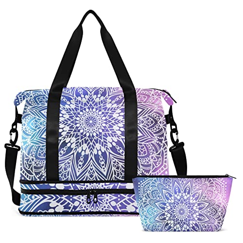 Lila Mandala-Reisetasche für Damen und Herren, Turnbeutel mit Schuhfach, Nassfach, Handgepäck, Wochenendtasche, Übernachtungstaschen für Reisen, Krankenhaus, Fitnessstudio, Mehrfarbig, Large von MCHIVER