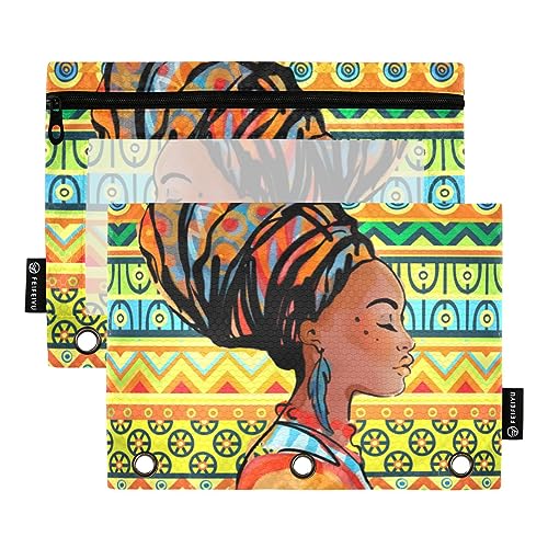 MCHIVER African Woman Federmäppchen für 3-Ringbuch-Bleistiftbeutel mit Reißverschlüssen, durchsichtiges Fenster, Bindertaschen, Bleistifttaschen für den täglichen Gebrauch im Büro, 2 Packungen von MCHIVER