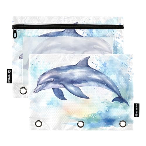 MCHIVER Aquarell-Delfin-Ozean-Federmäppchen für 3-Ringbinder, Bleistiftbeutel mit Reißverschluss, transparentes Fenster, Bindertaschen, Bleistifttaschen für Arbeit, Büro, Alltag, Organizer, 2 von MCHIVER