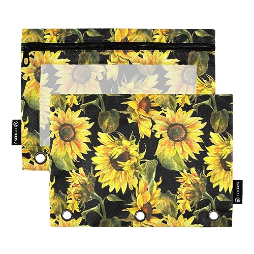 MCHIVER Aquarell-Sonnenblumen-Federmäppchen für 3-Ringbuch-Bleistiftbeutel mit Reißverschlüssen, durchsichtiges Fenster, Bindertaschen, Bleistiftbeutel für Arbeit, Büro, Alltag, Organizer, 2 Packungen von MCHIVER