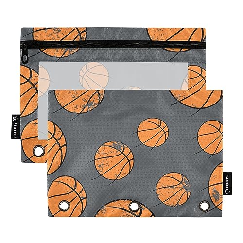 MCHIVER Basketball-Federmäppchen für 3-Ringbuch-Bleistiftbeutel mit Reißverschlüssen, durchsichtiges Fenster, Bindertaschen, Bleistiftbeutel für Arbeit, Büro, Alltag, Organizer, 2 Packungen von MCHIVER