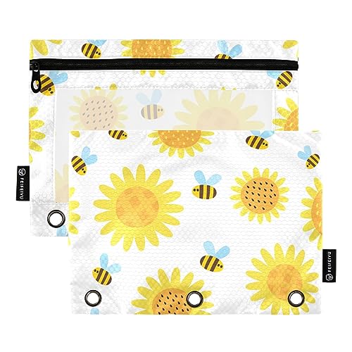 MCHIVER Bienen-Federmäppchen für 3-Ring-Bindemappen, mit Reißverschlüssen, durchsichtiges Fenster, Bindertaschen, Bleistifttaschen für Arbeit, Alltag, Büro, 2 Packungen von MCHIVER