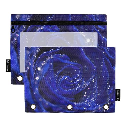 MCHIVER Blaue Rose Federmäppchen für 3 Ringbuch-Bleistiftbeutel mit Reißverschlüssen, klares Fenster, Bindertaschen, Bleistifttaschen für Erwachsene, Arbeit, Alltag, Büro, 2 Packungen von MCHIVER