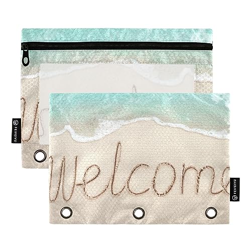 MCHIVER Blaugrün Beach Welcome Pencil Pouch für 3 Ringbuch-Bleistiftbeutel mit Reißverschlüssen, klares Fenster, Bindertaschen, Bleistiftbeutel für Arbeit, Büro, täglicher Organizer, 2 Packungen von MCHIVER