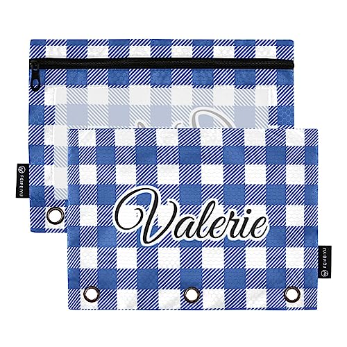 MCHIVER Buffalo Plaid Blau Personalisiertes Federmäppchen für 3-Ringbuch Individuell Ihren Namen Bleistiftbeutel mit Reißverschlüssen Klarsichtfenster Bindertaschen Bleistifttaschen für Arbeit Alltag von MCHIVER