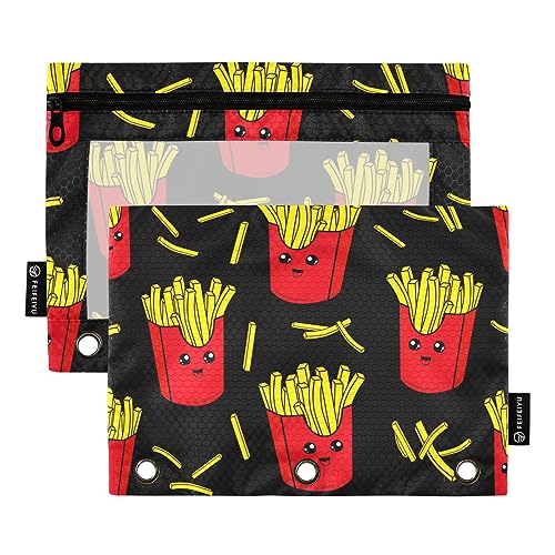 MCHIVER Bunte Pommes Frites Federmäppchen für 3-Ringbuch-Bleistiftbeutel mit Reißverschlüssen, durchsichtiges Fenster, Bindertaschen, Bleistiftbeutel für Arbeit, Büro, Alltag, Organizer, 2 Packungen von MCHIVER