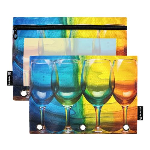 MCHIVER Buntes Regenbogen-Weinglas-Federmäppchen für 3-Ringbinder, Bleistiftbeutel mit Reißverschluss, transparentes Fenster, Bindertaschen, Bleistiftbeutel für Erwachsene, Arbeit, Alltag, Büro, 2 von MCHIVER