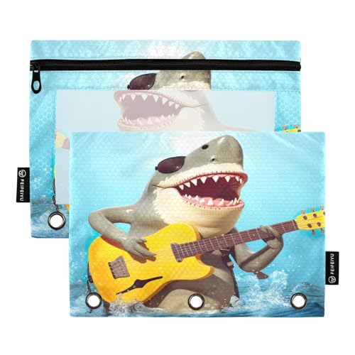 MCHIVER Cool Shark Gitarren-Bleistifttasche für 3-Ringbinder, Bleistiftbeutel mit Reißverschlüssen, transparentes Fenster, Bindertaschen, Bleistiftbeutel für Erwachsene, Arbeit, Alltag, Büro, 2 von MCHIVER