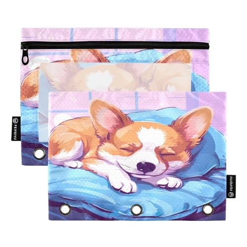 MCHIVER Corgi Federmäppchen mit 3 Ringbüchern, mit Reißverschluss, transparentes Fenster, Bindertaschen, Bleistifttaschen für Arbeit, Alltag, Büro, 2 Packungen von MCHIVER