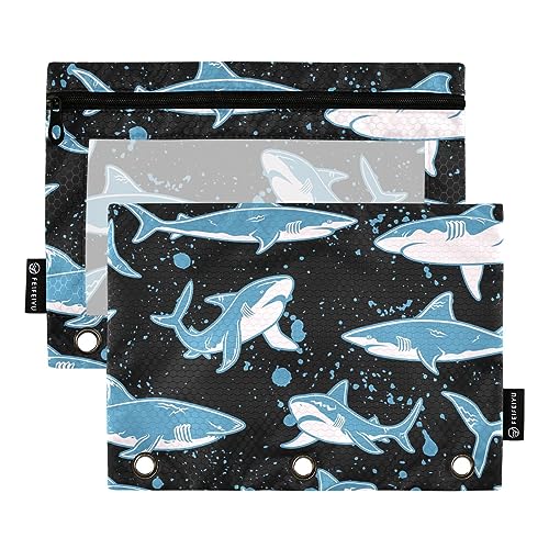 MCHIVER Creative Sharks schwarzes Federmäppchen für 3-Ringbuch-Bleistiftbeutel mit Reißverschlüssen, durchsichtiges Fenster, Bindertaschen, Bleistiftbeutel für Arbeit, Alltag, Organizer, Büro, 2 von MCHIVER