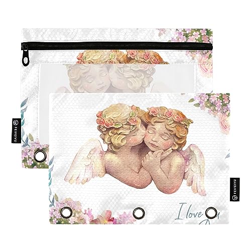 MCHIVER Cute Angels Federmäppchen für 3-Ringbuch-Bleistiftbeutel mit Reißverschlüssen, durchsichtiges Fenster, Bindertaschen für Organizer, Büro, Arbeit, täglich, 2 Packungen von MCHIVER