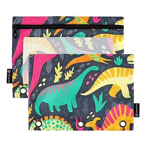 MCHIVER Dinosaurier-Federmäppchen für 3-Ringbuch-Bleistiftbeutel mit Reißverschlüssen, durchsichtiges Fenster, Bindertaschen, Bleistiftbeutel für Arbeit, Büro, Alltag, Organizer, 2 Packungen von MCHIVER