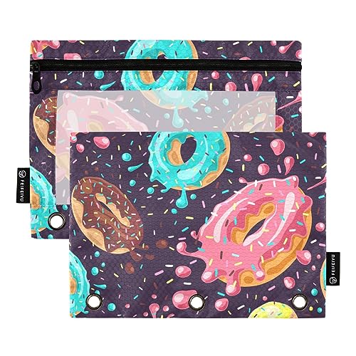 MCHIVER Donuts-Federmäppchen für 3-Ringbuch-Bleistiftbeutel mit Reißverschlüssen, durchsichtiges Fenster, Bindertaschen, Bleistifttaschen für Arbeit, Alltag, Büro, 2 Packungen von MCHIVER