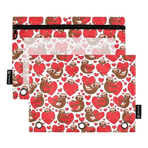 MCHIVER Faultier Herz Valentinstag Federmäppchen für 3 Ringbuch Federmäppchen mit Reißverschlüssen Klarsichtfenster Binder Taschen Bleistiftbeutel für den täglichen Organizer Büro Arbeit 2 Packungen von MCHIVER