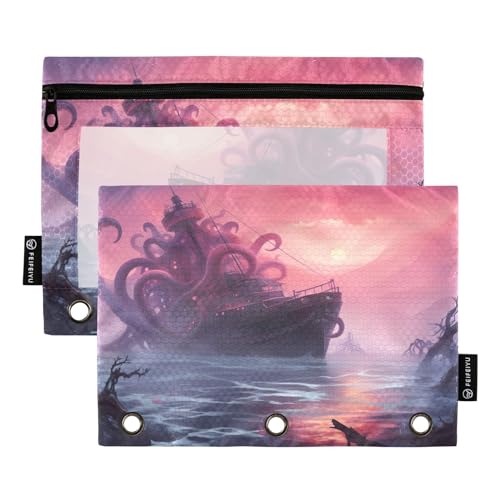 MCHIVER Federmäppchen für 3-Ringbinder, Motiv: Monsterschiffe, mit Reißverschluss, transparentes Fenster, Bindertaschen, Bleistiftbeutel für Arbeit, Alltag, Organizer, Büro, 2 Packungen von MCHIVER