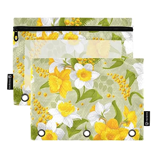 MCHIVER Federmäppchen im Retro-Stil, Blumendesign, für 3-Ringbuch-Bleistiftbeutel mit Reißverschlüssen, durchsichtiges Fenster, Bindertaschen, Bleistifttaschen für Arbeit, Alltag, Büro, 2 Packungen von MCHIVER