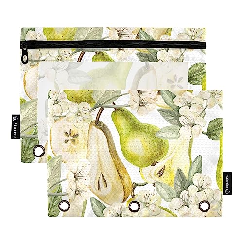 MCHIVER Federmäppchen mit Birnenblumen, für 3-Ringbuch-Bleistiftbeutel mit Reißverschlüssen, durchsichtiges Fenster, Bindertaschen, Bleistiftbeutel für Organizer, Büro, Arbeit, täglich, 2 Packungen von MCHIVER