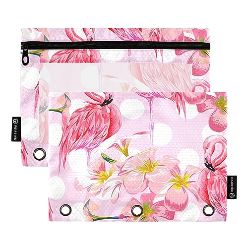 MCHIVER Federmäppchen mit Blumenmuster, Flamingos, tropische Blumen, für 3 Ringbücher, Bleistifttaschen mit Reißverschlüssen, durchsichtiges Fenster, Bindertaschen, Bleistiftbeutel für Organizer, von MCHIVER