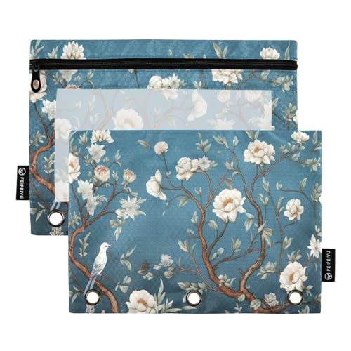 MCHIVER Federmäppchen mit Blumenmuster, für 3-Ringbinder, Bleistiftbeutel mit Reißverschlüssen, transparentes Fenster, Bindertaschen, Bleistiftbeutel für Organizer, Büro, Arbeit, Alltag, 2 Packungen von MCHIVER