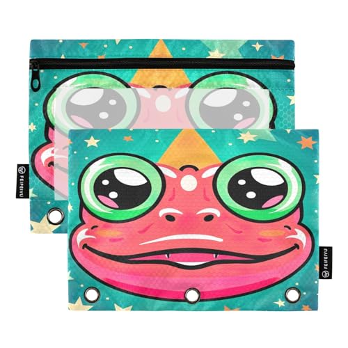 MCHIVER Federmäppchen mit Cartoon-Frosch-Design, rosa Sterne, für 3-Ringbinder, Bleistiftbeutel mit Reißverschluss, transparentes Fenster, Bindertaschen, Bleistiftbeutel für Arbeit, Büro, Alltag, von MCHIVER