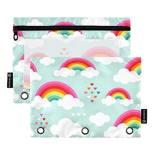 MCHIVER Federmäppchen mit Cartoon-Regenbogen-Herzwolken für 3-Ringbuch-Bleistiftbeutel mit Reißverschlüssen, durchsichtiges Fenster, Bindertaschen, Bleistifttaschen für Arbeit, Alltag, Büro, 2 von MCHIVER