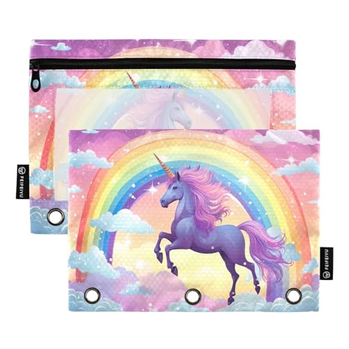 MCHIVER Federmäppchen mit Einhorn-Motiv, Regenbogenwolke, für 3-Ringbinder, Bleistiftbeutel mit Reißverschlüssen, transparentes Fenster, Bindertaschen, Bleistifttaschen für Arbeit, Büro, Alltag, 2 von MCHIVER