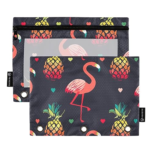 MCHIVER Federmäppchen mit Flamingo-Ananas-Herz, für 3-Ringbuch-Bleistiftbeutel mit Reißverschlüssen, durchsichtiges Fenster, Bindertaschen, Bleistifttaschen für Arbeit, Alltag, Organizer, Büro, 2 von MCHIVER