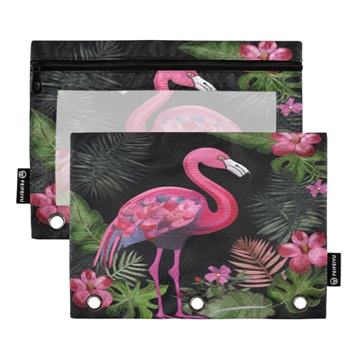 MCHIVER Federmäppchen mit Flamingo-Blumen, für 3-Ringbinder, Bleistiftbeutel mit Reißverschlüssen, transparentes Fenster, Bindertaschen, Bleistiftbeutel für Organisator, Büro, Arbeit, Alltag, 2 von MCHIVER