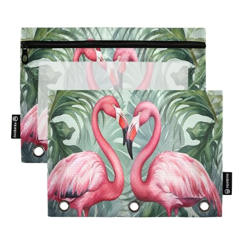 MCHIVER Federmäppchen mit Flamingo-Palme für 3-Ringbinder, Bleistiftbeutel mit Reißverschlüssen, transparentes Fenster, Bindertaschen, Bleistiftbeutel für Büro, Arbeit, Alltag, Organizer, 2 Packungen von MCHIVER