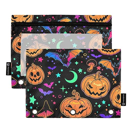 MCHIVER Federmäppchen mit Halloween-Kürbis-Fledermaus, für 3-Ringbuch-Bleistiftbeutel mit Reißverschlüssen, durchsichtiges Fenster, Bindertaschen, Bleistifttaschen für Arbeit, Alltag, Organizer, Büro, von MCHIVER