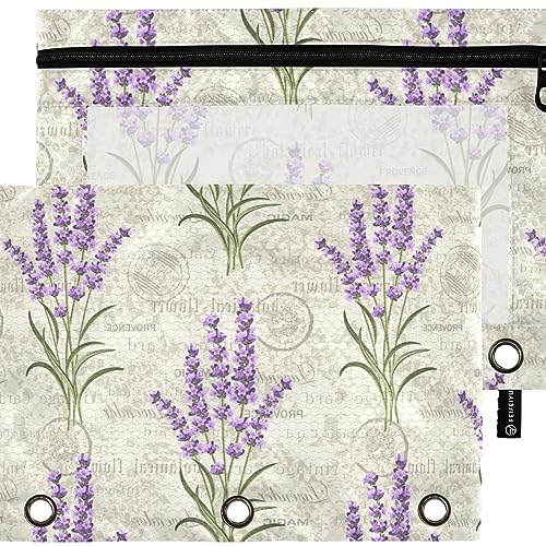 MCHIVER Federmäppchen mit Lavendel-violetten Blumen für 3-Ring-Bindemappen, mit Reißverschlüssen, durchsichtiges Fenster, Bindertaschen, Bleistiftbeutel für Organizer, Büro, Arbeit, täglich, 2 von MCHIVER