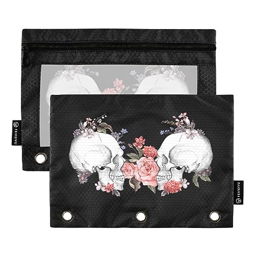 MCHIVER Federmäppchen mit Rosen und Totenkopf für 3-Ring-Binder-Bleistiftbeutel mit Reißverschlüssen, durchsichtiges Fenster, Bindertaschen, Bleistifttaschen für Büro, Arbeit, täglicher Organizer, 2 von MCHIVER