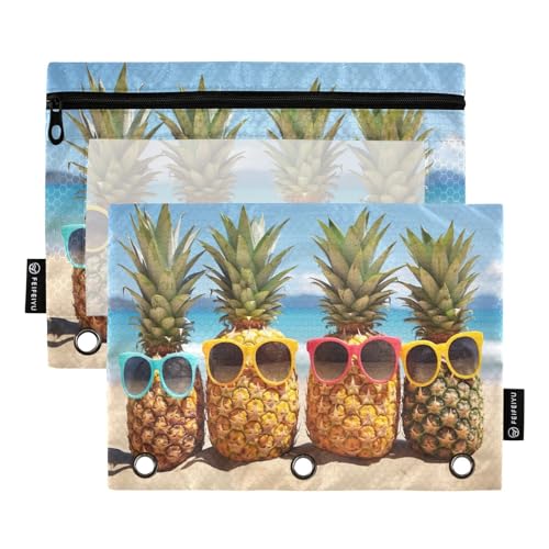 MCHIVER Federmäppchen mit Strand-Sonnenbrille, Ananas, für 3-Ringbinder, Bleistiftbeutel mit Reißverschlüssen, transparentes Fenster, Bindertaschen, Bleistiftbeutel für den täglichen Organizer, von MCHIVER