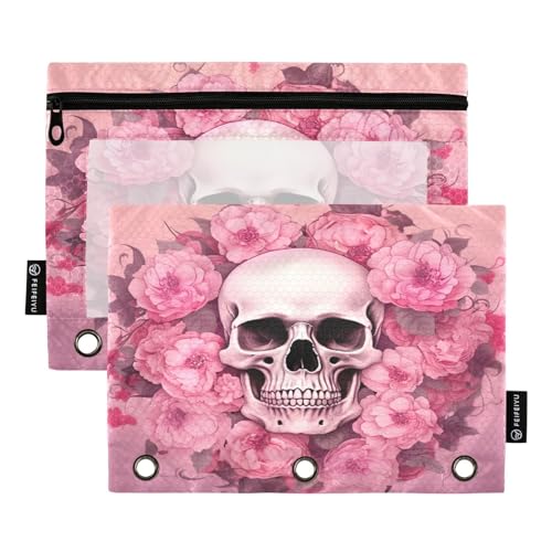 MCHIVER Federmäppchen mit Totenkopf-Motiv, Rosa, für 3-Ringbinder, Bleistiftbeutel mit Reißverschlüssen, transparentes Fenster, Bindertaschen, Bleistiftbeutel für den täglichen Organizer, Büroarbeit, von MCHIVER