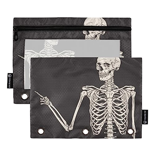 MCHIVER Federmäppchen mit Totenkopf-Motiv, für 3 Ringbücher, mit Reißverschlüssen, durchsichtiges Fenster, Bindertaschen, Bleistiftbeutel für Arbeit, Büro, Alltag, Organizer, 2 Packungen von MCHIVER