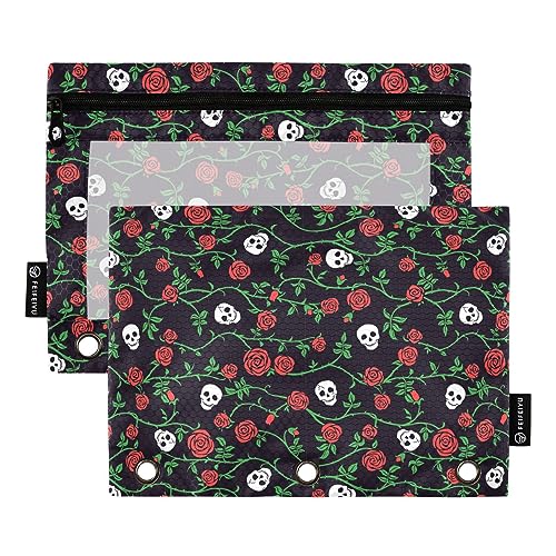 MCHIVER Federmäppchen mit Totenkopf-Rose, für 3-Ringbuch-Bleistiftbeutel mit Reißverschlüssen, durchsichtiges Fenster, Bindertaschen, Bleistifttaschen für Arbeit, Büro, Alltag, 2 Packungen von MCHIVER