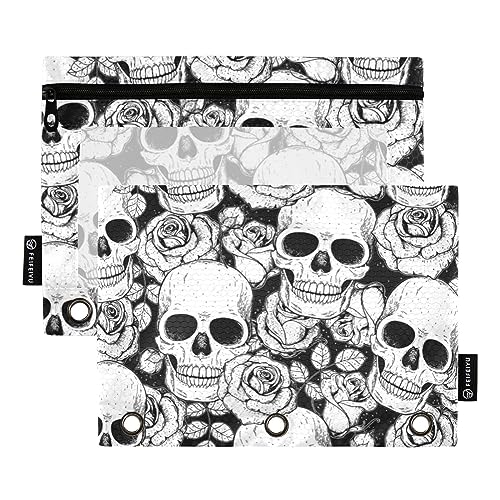 MCHIVER Federmäppchen mit Totenkopf-Rosen, Schwarz, für 3-Ring-Binder, mit Reißverschlüssen, durchsichtiges Fenster, Bindertaschen, Bleistifttaschen für Arbeit, Alltag, Büro, 2 Packungen von MCHIVER