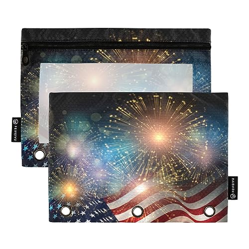 MCHIVER Federmäppchen mit US-Flagge, Feuerwerk, 14. Juli, für 3-Ringbuch-Bleistiftbeutel mit Reißverschlüssen, durchsichtiges Fenster, Bindertaschen, Bleistifttaschen für Erwachsene, Arbeit, Alltag, von MCHIVER