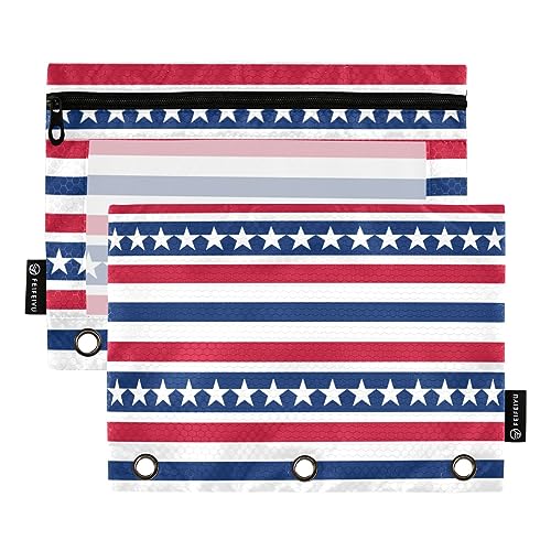 MCHIVER Federmäppchen mit USA-Flagge, gestreift, für 3 Ringbücher, Bleistifttaschen mit Reißverschlüssen, durchsichtiges Fenster, Bindertaschen, Bleistifttaschen für den täglichen Organizer, von MCHIVER