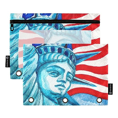 MCHIVER Federmäppchen mit amerikanischer Flagge, Motiv: Statue Liberty, für 3-Ringbuch-Bleistiftbeutel mit Reißverschlüssen, durchsichtiges Fenster, Bindertaschen, Bleistifttaschen für den täglichen von MCHIVER