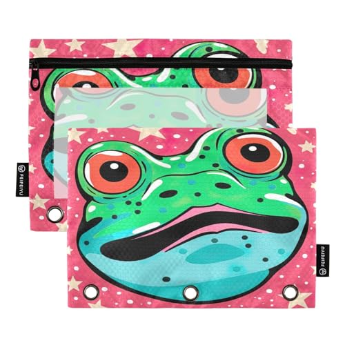 MCHIVER Federmäppchen mit niedlichem Frosch, rosa Sternen, für 3-Ringbinder, Bleistiftbeutel mit Reißverschlüssen, transparentes Fenster, Bindertaschen, Bleistiftbeutel für den täglichen Organizer, von MCHIVER